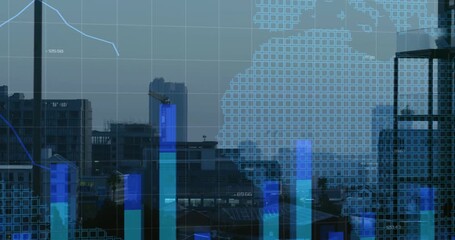 On data, overlays animating blue skyline, bars rising, map forming, line drawing, showing markets - Powered by Adobe