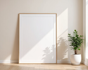 Large poster frame mockup leaning against a wall, soft diffuse ambient light, minimalist home interior, blank frame for artwork or campaign design.