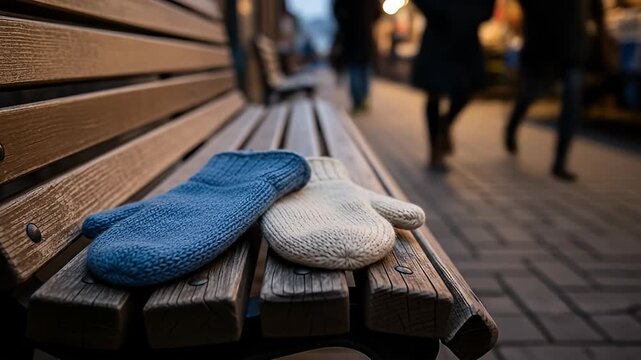 Lost Mittens on a Park Bench in Winter.