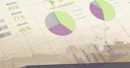 On play infographic overlay shifting right and up, purple bars rising to show construction stats
