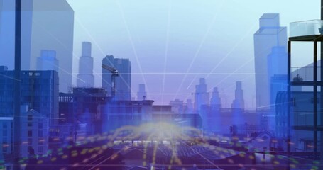 Composite skyline animated overlay on start, shifting grids, pulsing yellow arc showing urban map - Powered by Adobe