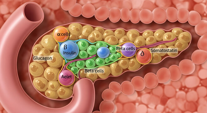 Pancreatic islet of langerhans with alpha, beta, delta cells and hormones