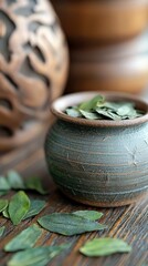 Close-up shot of a ceramic bowl filled with green tea leaves, resting on a rustic wooden table. Other ceramic objects are in the background.