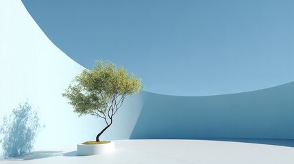 A serene bonsai tree embodies peace and growth within minimalist curves of architecture against a clear sky with soft