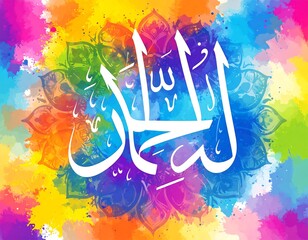 Colorful abstract background features a delicate floral mandala with flowing Arabic script in a bright watercolor style