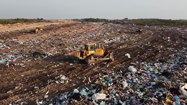 Bulldozer compacting trash at a large landfill site.