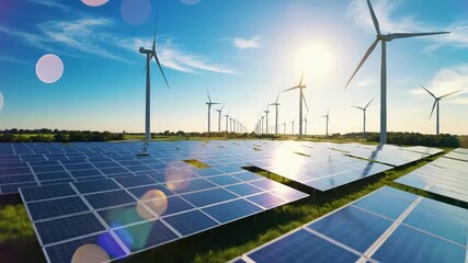 Solar panel array and wind turbines combined in renewable energy farm under sunny sky. Sustainable power generation infrastructure with photovoltaic panels and windmills. Clean electricity production - Powered by Adobe