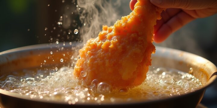 Close-up of crispy fried chicken being dropped into sizzling hot oil with dynamic bubbles and steam