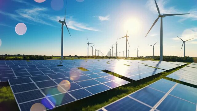 Solar panel array and wind turbines combined in renewable energy farm under sunny sky. Sustainable power generation infrastructure with photovoltaic panels and windmills. Clean electricity production