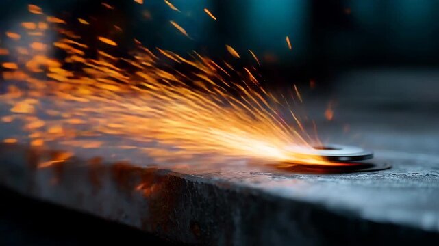 4k High-quality 4K close-up photo capturing sparks flying from a high-speed machine as it grinds and finishes a metal surface in an industrial workshop. Glowing orange and yellow trai