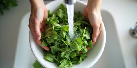 Fresh salad greens being washed under running tap water in a white colander with hands in modern kitchen