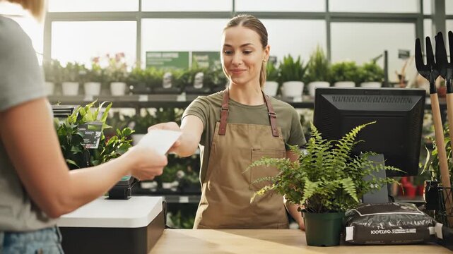 Smiling female cashier at a plant shop hands over a potted fern to a customer, showcasing a friendly transaction with camera zooming in on the interaction