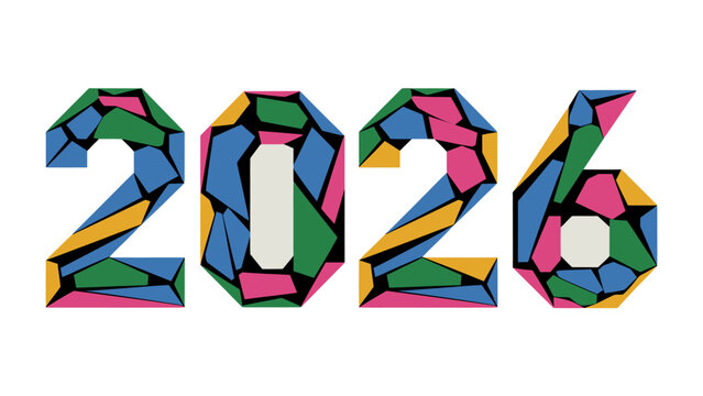 2026 Typography: A vibrant and colorful typographic design showcasing the year 2026, composed of abstract mosaic patterns. The artwork is perfect for future-themed projects and digital content.