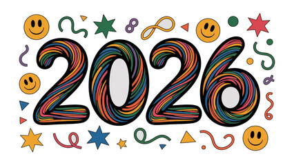 New Year: Celebrating 2026. A vibrant illustration showcasing the year 2026 in a kaleidoscope of colors, amidst playful icons such as stars, smiley faces, and swirls.