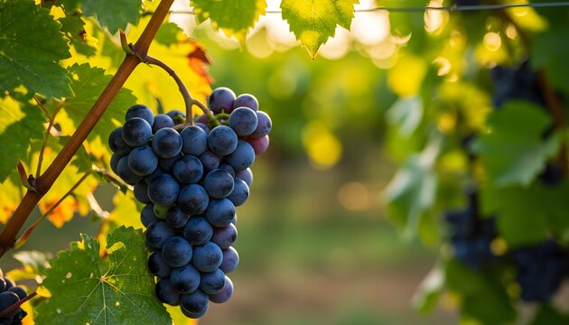 Vibrant Purple Grapes on Vine, Bathed in Golden Hour Sunlight, Vineyard Harvest
