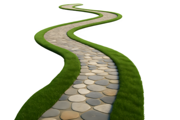 Discover a winding stone path through vibrant green grass, ideal for illustrating journey, direction, and landscaping design concepts with natural elegance