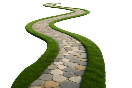Discover a winding stone path through vibrant green grass, ideal for illustrating journey, direction, and landscaping design concepts with natural elegance - Powered by Adobe