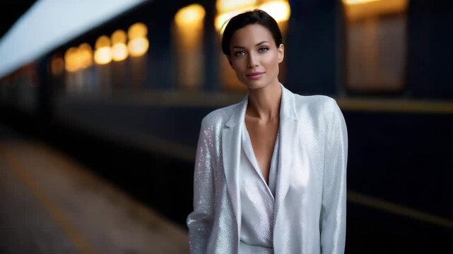 4k High-quality evening photo of a stylish woman in a shimmering silver sequin suit standing elegantly at the entrance of a luxury vintage train. The outfit sparkles under the station