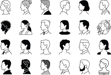 Diverse human profile icons in black and white outline style