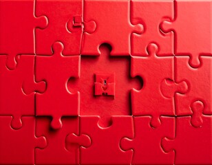 Close-up of a mostly complete red puzzle with one piece missing in the center