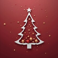 Christmas tree adorned with gold balls, set against a vibrant red background.