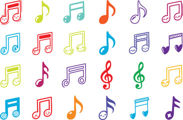 Diverse set of musical notes with cartoon faces sound