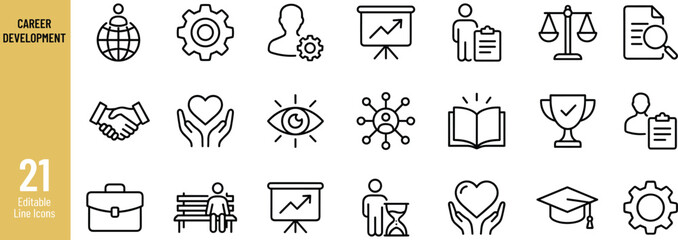 Career development line icon set featuring professional growth, skills improvement, leadership, learning, mentorship, achievement, performance tracking, and personal advancement tools