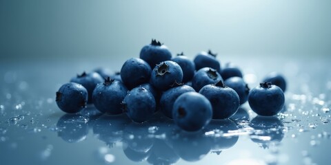Fresh blueberries rolling on wet reflective surface with sparkling water droplets in minimalistic style