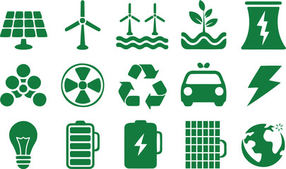 Green Icons Representing Renewable Energy and Environmental Concepts