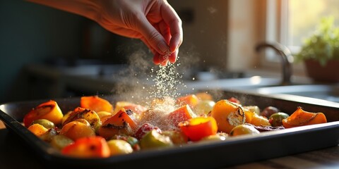 Hand sprinkling coarse sea salt over vibrant roasted vegetables in rustic kitchen with warm natural light