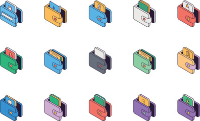 Isometric Wallets with Money and Card Icons