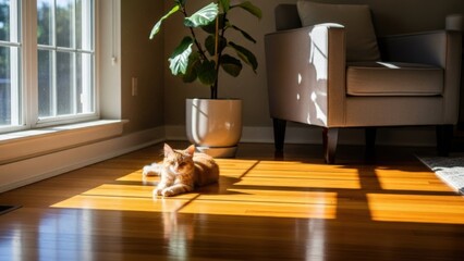 Orange cat relaxing in warm sunlight on wooden floor