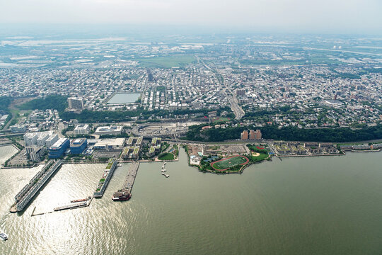 Aerial view of Hoboken New Jersey waterfront area with piers