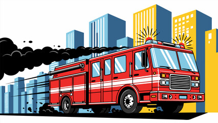 Dynamic vector illustration of a vibrant red fire truck speeding through a bustling city skyline during an urgent emergency response