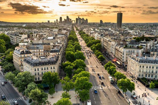 Paris France aerial view of tree lined avenue La D&eacute;fense district
