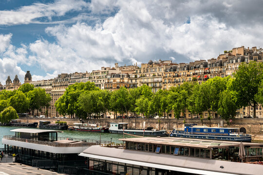 Paris France downtown buildings along Seine River waterfront