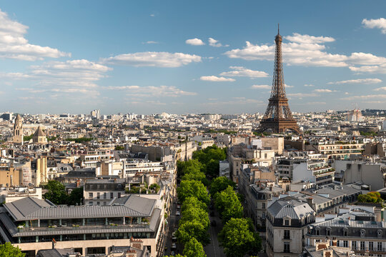 Paris France historic aerial city skyline view with Eiffel Tower