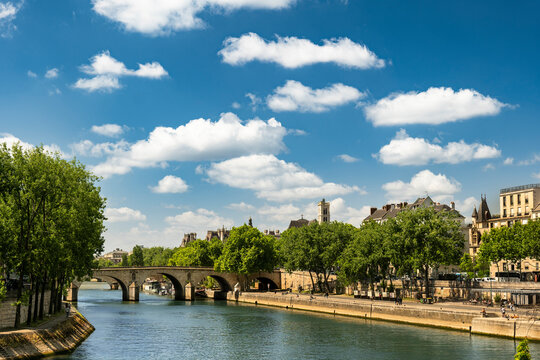 Paris France Pont Marie stone bridge to Le Marais over Seine River