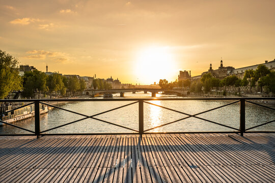 Paris France view from Pont des Arts bridge over Seine River