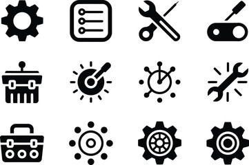Set of black and white industrial and tool icons