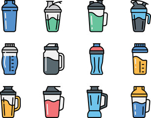 Shaker Bottles and Blender Icons Set