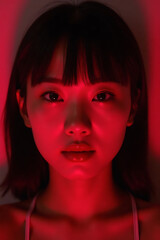 Striking close-up of a confident Asian woman with sleek black hair bathed in vibrant red light creating a modern and edgy fashion statement