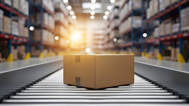 Cardboard Box on Conveyor Belt in Modern Warehouse with Bright Light.