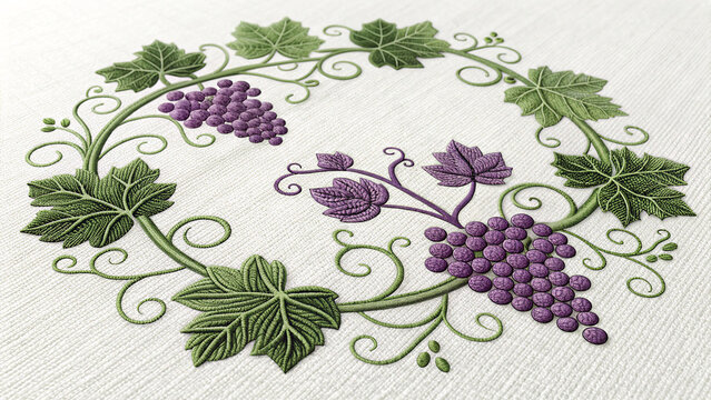 Grapevine Wreath Illustration on Textile Background with Purple Grapes - Powered by Adobe