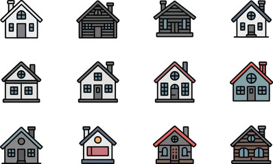 Twelve simple cartoon icons of houses with pitched roofs and chimneys