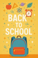 Back to school illustration with backpack, apple, and school supplies on yellow background