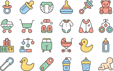 Twenty-four colorful cartoon icons of baby items and toys