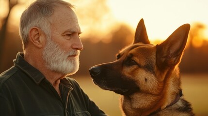 Elderly man tenderly grooming his loyal dog companion in a peaceful backyard setting with soft golden hour lighting