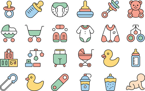 Twenty-four colorful cartoon icons of baby items and toys