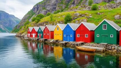 Colorful Boathouses Line a Serene Norwegian Fjord Landscape